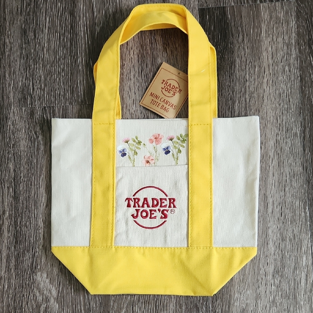 Trader Joe's Mini Yellow Canvas Tote Bag With Unique Floral Design